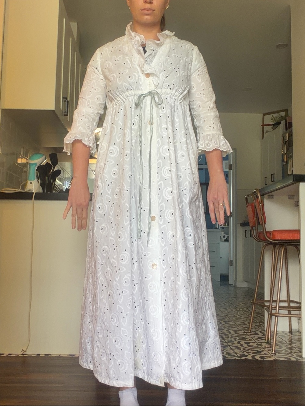 Vintage 70s Bard’s White Eyelet Cotton Maxi house dress